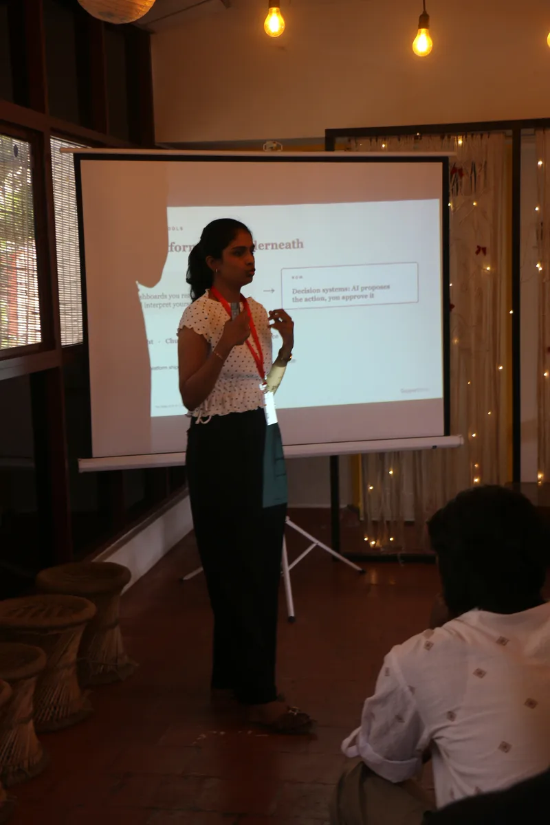 A speaker with the mic at Circa, Chennai.